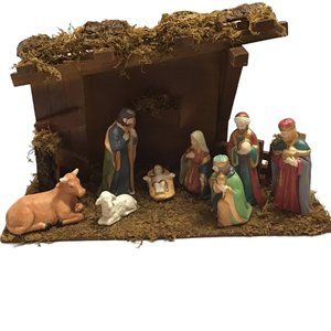 Vintage Trim Shoppe 9 Pc Nativity Set Stable & Figurines Hand Painted Christmas